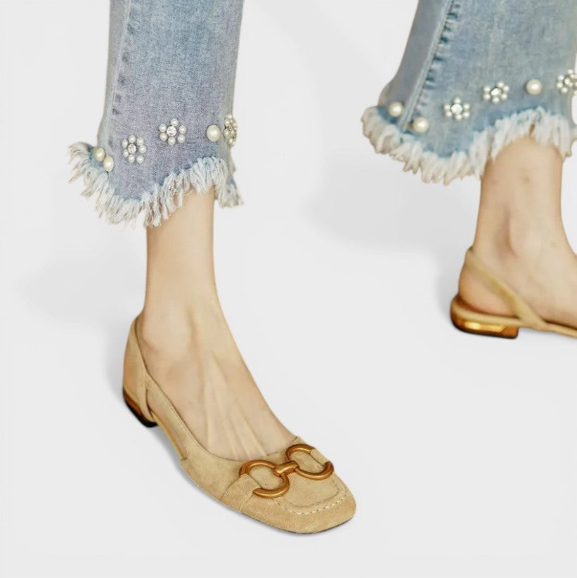 Begoña | Sandalias Slingback de Tacón Bajo Mujer Hebilla Dorada