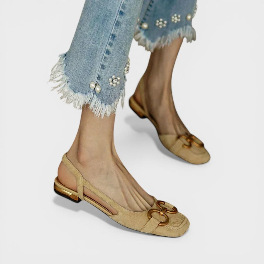 Begoña | Sandalias Slingback de Tacón Bajo Mujer Hebilla Dorada