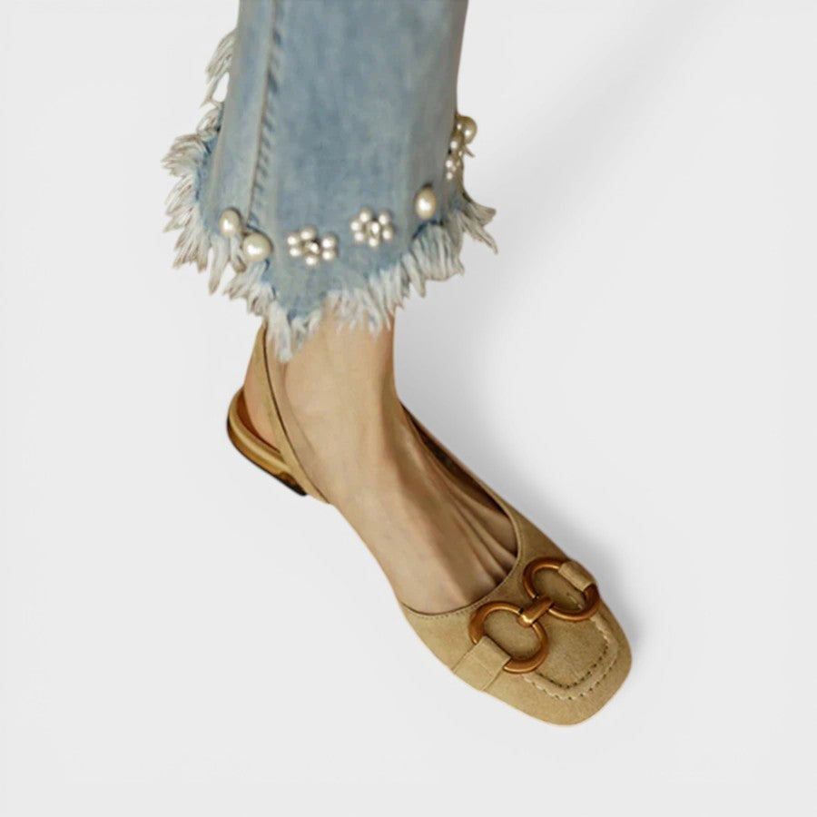 Begoña | Sandalias Slingback de Tacón Bajo Mujer Hebilla Dorada