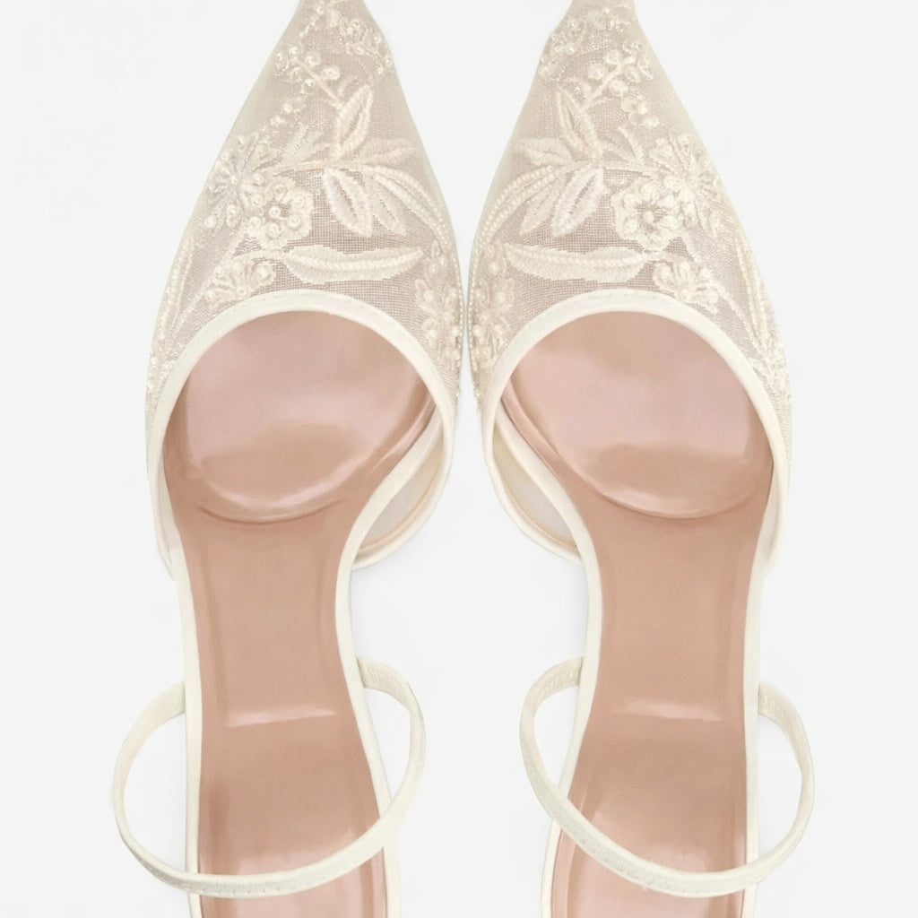 Cayetana | Zapatos Slingback de Tacón Kitten con Bordado Floral Mujer Punta Fina