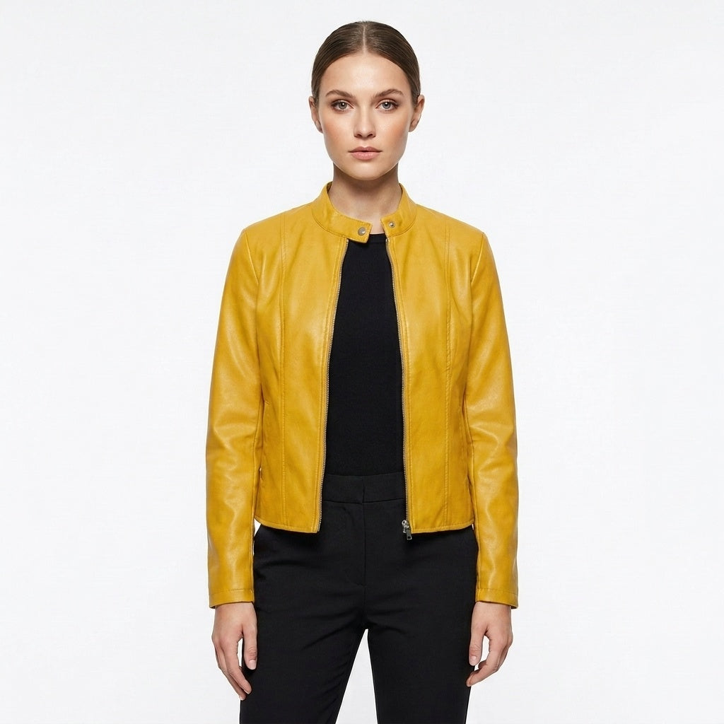 Laia | Chaqueta Biker de Cuero Mujer Ajustada Cuello Mao
