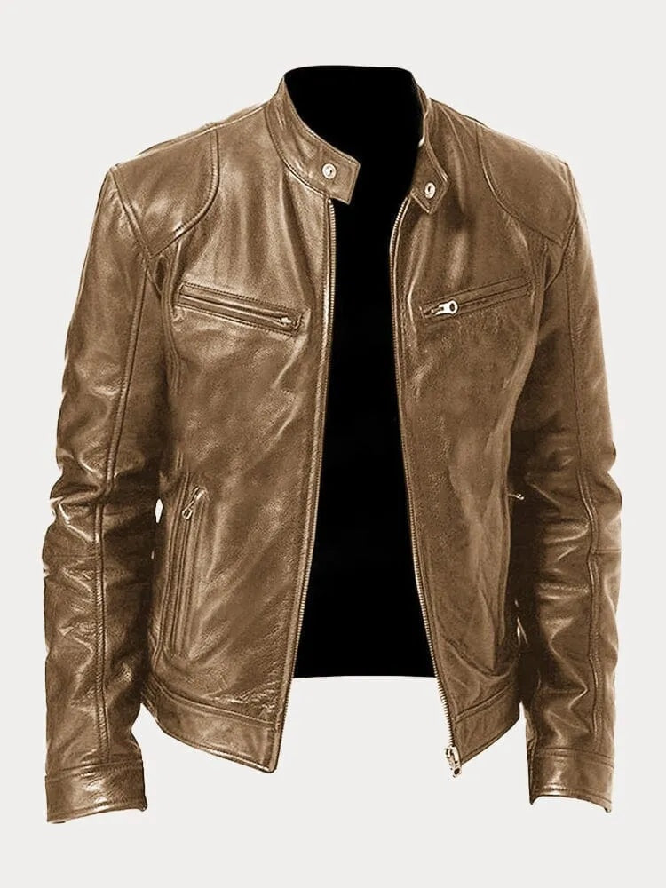 Sonia | Chaqueta de Cuero Biker Mujer Cuello Mao Cremalleras